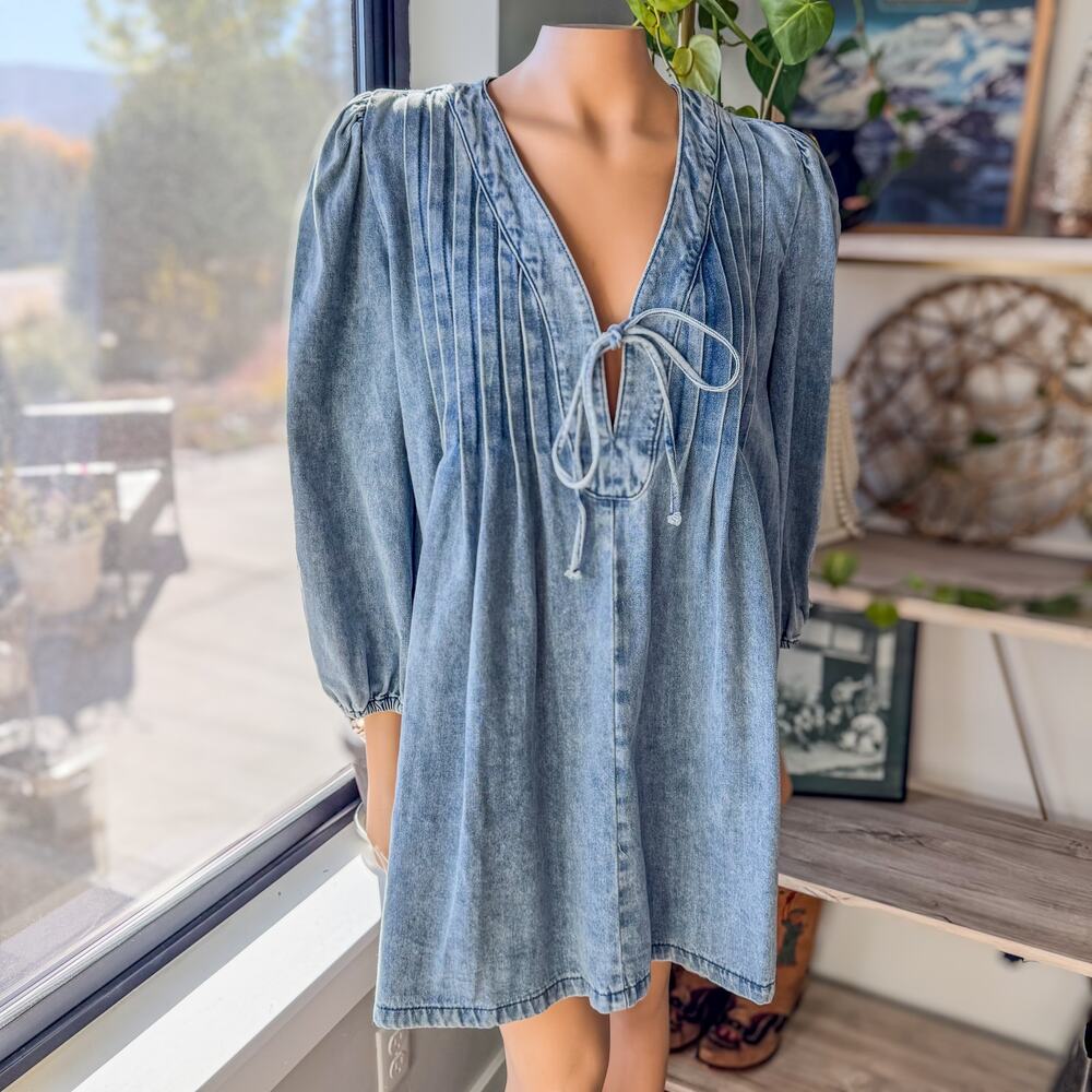 Lalavon,  Denim Pleated Bow Tie Front Long Sleeve Mini Dress, Women’s Large